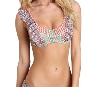 Maaji Pink floral ruffle swim top L